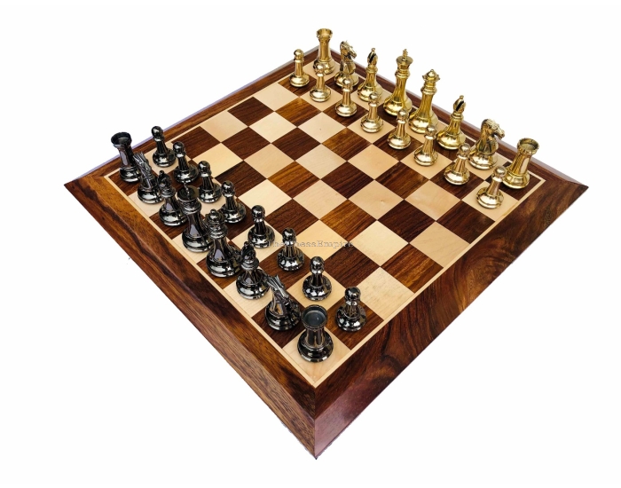 Exclusive Brass Staunton Chess Set <br> Brass & Black Coated Brass <br> 4" King with 2" Square Chess Board
