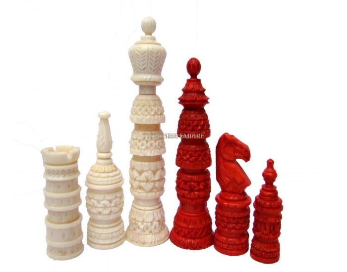 Catholic Tower Series Bone Chess pieces <br> Natural Bone & Red Stained Bone <br> 5" King