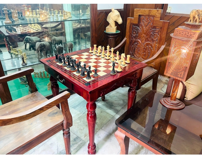 The Maharajah Chess Table Set African Padauk with Chairs and 4.4" Barbarian Series chess pieces 
