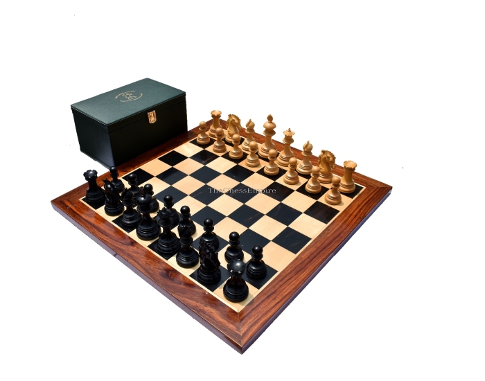 Wellington Series Chess set <br> Boxwood & Ebony <br> 4.4" King with 2.25" Square Chess Board & Chess Storage Box