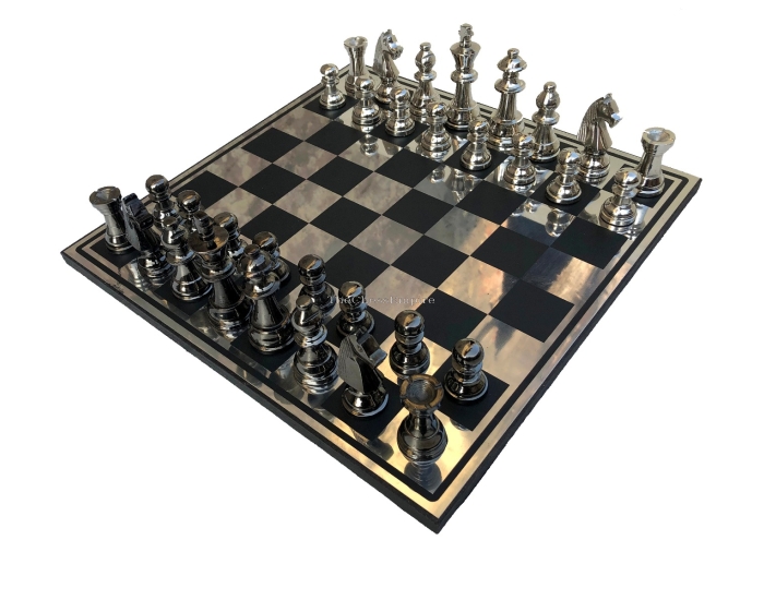 The New Staunton Series Chess Set <br> Silver & Black Coated Aluminum <br> 3.25" King with 14" Aluminum Chess Board