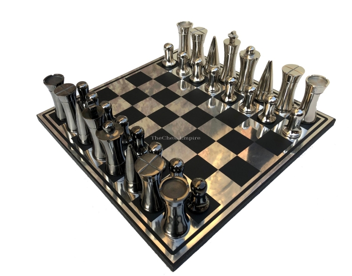The Art Decor Chess Set ,br> Silver & Black Coated Aluminum <br> 3.5" King with 14" Aluminum Chess Board
