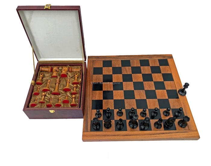 Timeless Imperial Series Chess Set Repro <br> Antiqued Boxwood & Ebony <br> 4" King/ 2.25" Square Jaques Chess Board with Storage Case