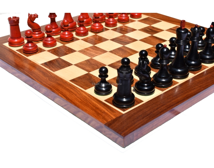 THE REPRODUCTION OF 1960 MIKHAIL TAL CHESS SET <br> CRIMSON BOXWOOD & EBONIZED <br> 4.125" KING WITH 2" SQUARE CHESS BOARD