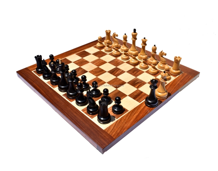 THE REPRODUCTION OF 1960 MIKHAIL TAL CHESS SET <br> BOXWOOD & EBONIZED <br> 4.125" KING WITH 2" SQUARE CHESS BOARD