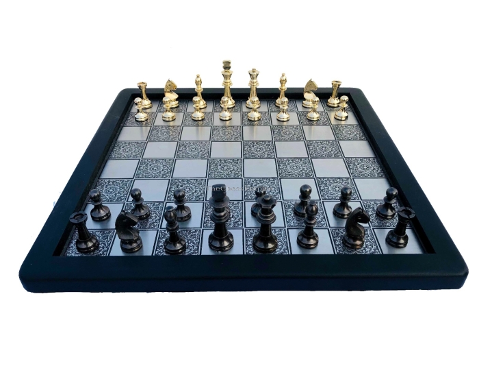 Miniature Staunton Brass Complete chess set <br> Brass & Brown coated brass chess pieces <br> 2.5" King with 12" chess board