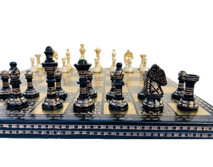 The Mughal Empire brass chess set <br> Brass & Black Coated brass <br> 2.75" King with 14" chess board
