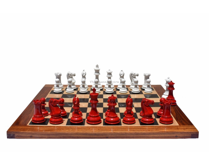 The Pioneer Series Chess set <br> White & Red Lacquered Boxwood <br> 4" King with 2" Square chess board