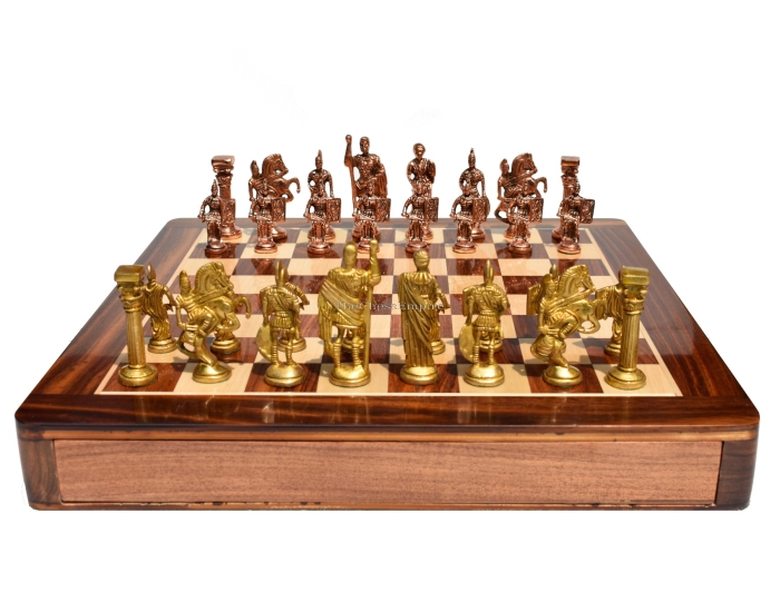 The Roman Art  Series Chess Set <br> Copper Coated & Brass Natural <br> 3.25" King with 16" Chess Board