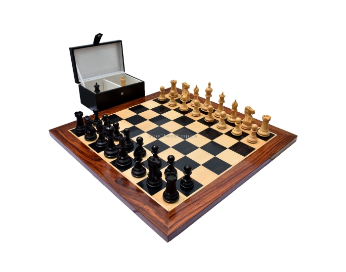 The Royal Knight Chess Set <br> Boxwood & Ebonized <br> 4" King with 2" Square chess board & storage Box