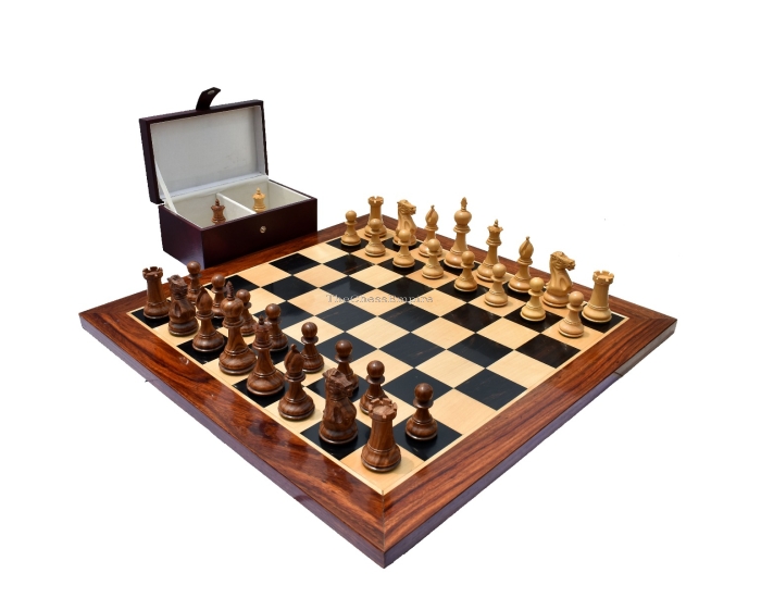 The Royal Knight Chess set <br> Boxwood & Sheesham <br> 4" King with 2" Square Chess Board & storage Box