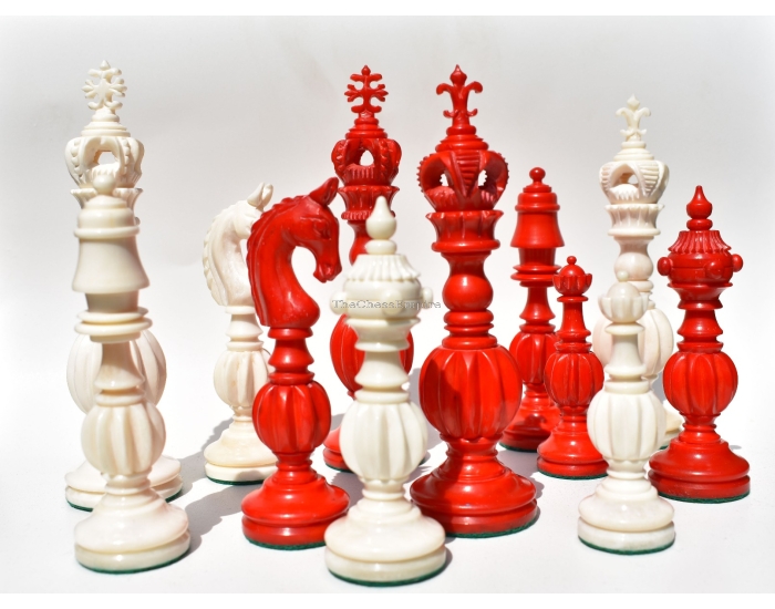 The Royal Series Bone Chess Pieces <br> Natural Bone & Red Stained Bone <br> 5.25" King