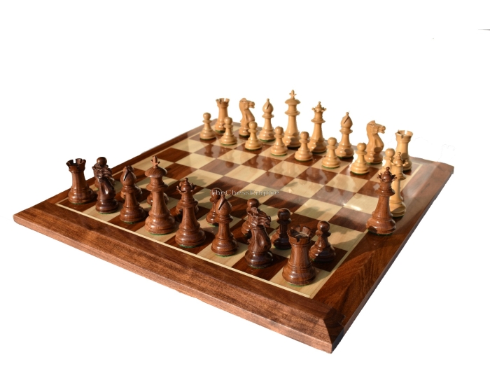 The Royal Staunton Chess Set <br> Boxwood & Acacia <br> 4" King with 2" Square Beveled Series Chess Board
