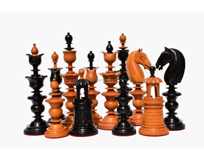 The Selenus Series 18th Century Chess Pieces <br> Antiqued Boxwood & Ebony <br> 4.4" King