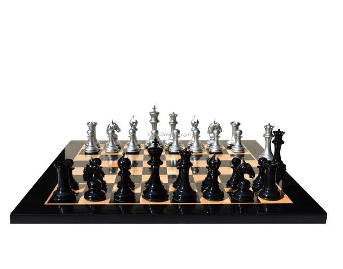 The sheffield Series chess Set <br> Silver & Black Boxwood Lacquered <br> 4.4" King with 2.25" Square Chess Board