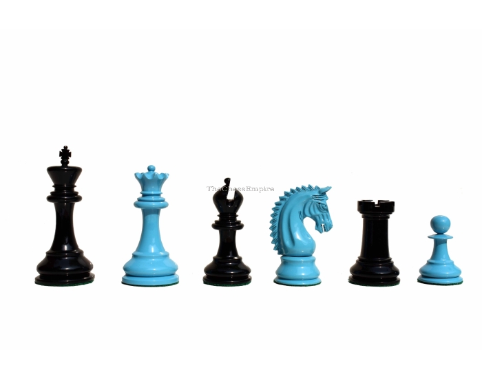 The Sovereign Series chess pieces <br> Turquoise blue & Black lacquered boxwood <br> 4.25" King 