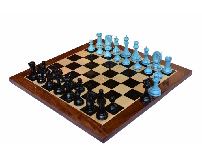 The Sovereign Series chess set <br> Turquoise blue & Black lacquered boxwood <br> 4.25" King with 2.25" square chess board