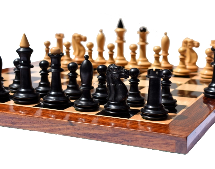 The Shkolnik Series version II soviet reproduction Chess set <br> Boxwood & Ebonized <br> 3.5" King with 1.75" Square Chess board