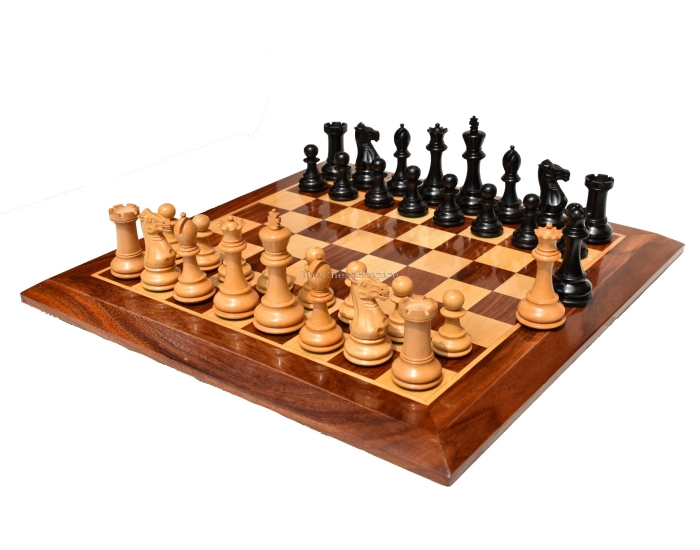The Philidor Staunton Chess Set <br> Boxwood & Ebonized <br> 4" King with 2" Square beveled Series Chess Board