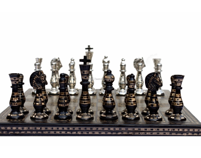 The Royal Carved Series brass chess set <br> 3.75" King with 14" x 14" chess board