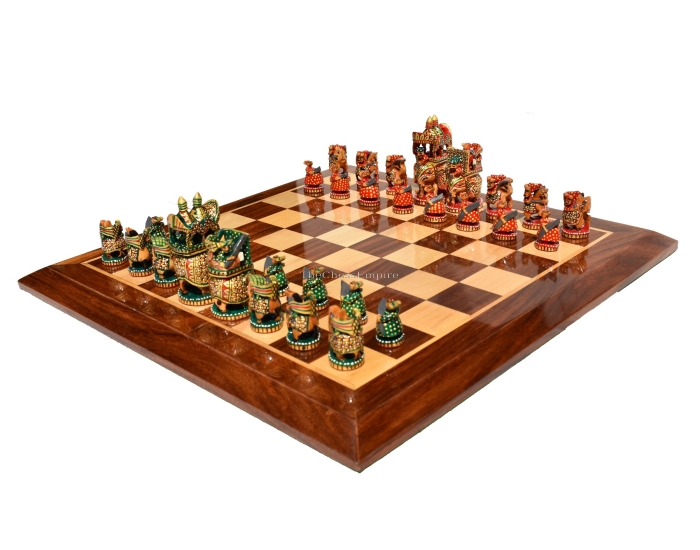 Ambawari Series Chess Set <br>  Green, Gold & Red Stained <br> 3.5" King with 2" Square Beveled Chess Board