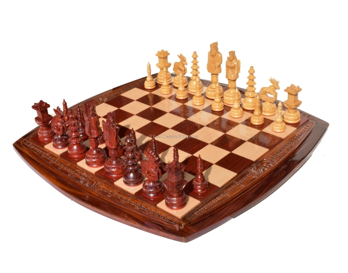 The Santa Series 5.5" Chess Set <br> Boxwood & Padauk <br> 5.5" King with 2.25" Square Warriors Field Chess Board