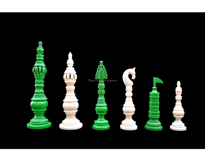 Tower Series Bone Crafted chess pieces <br> Natural Bone & Green stained Bone <br>  6.25" King