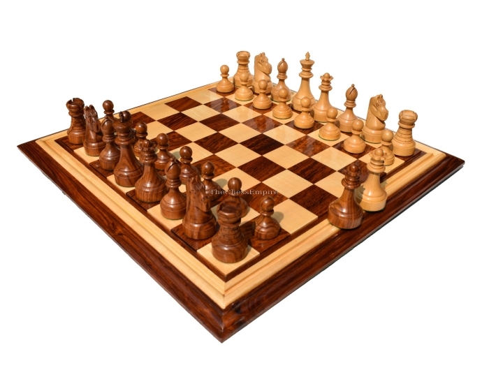 Mechanics Institute Series Chess Set <br> Boxwood & Sheesham <br> 4.25" King with 2.25" Square signature Series Chess Board