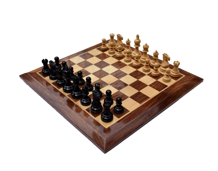 The Taj Series Chess set <br> Boxwood & Ebonized <br> 3.5" King with 2" Sqaure chess board