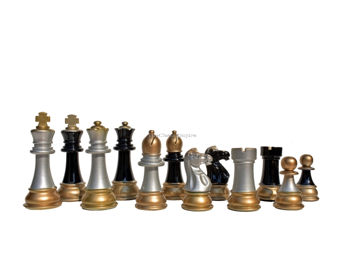 Windsor Castle Series Chess Pieces <br> Black Gold Lacquered & Silver Gold <br> 4" King