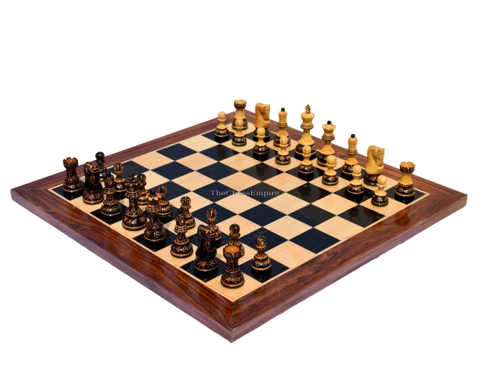 The Yugoslavia Burnt Series Chess set <br> High Glossy Boxwood Burnt <br> 3.75" King with 1.75" Square Chess Board