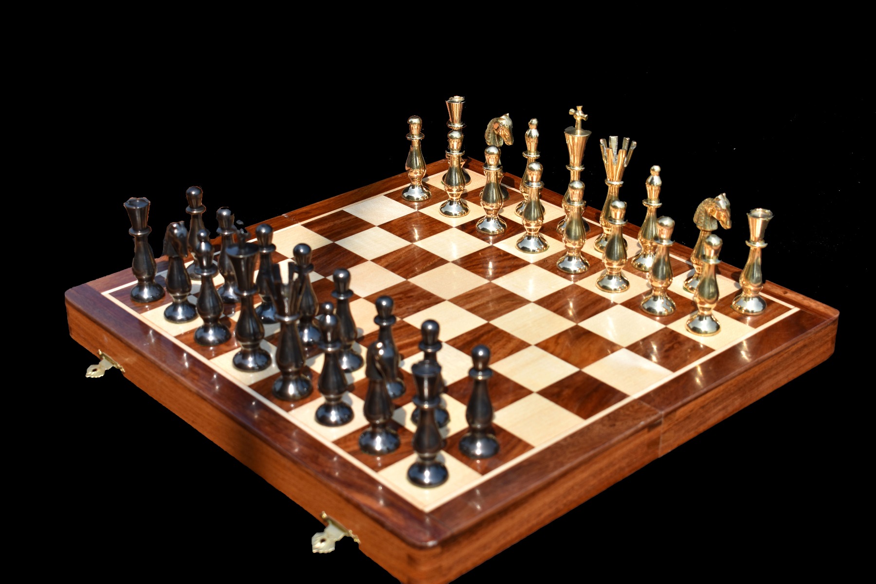 The Palm Art Series Chess set , Silver & Black Coated Brass , 3.5 King  with 12 Brass Chess Board