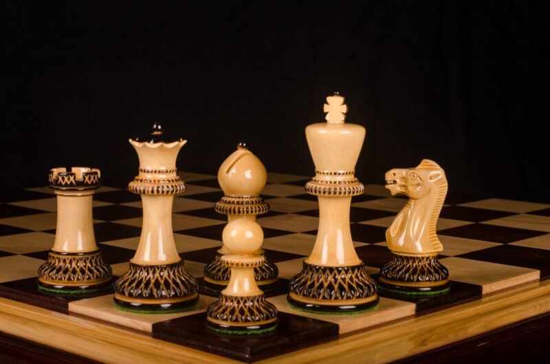 The Parker Burnt Series Chess Set Boxwood Burnt Pieces 3.75" King with 1.75" Square Folding Chess Board-0