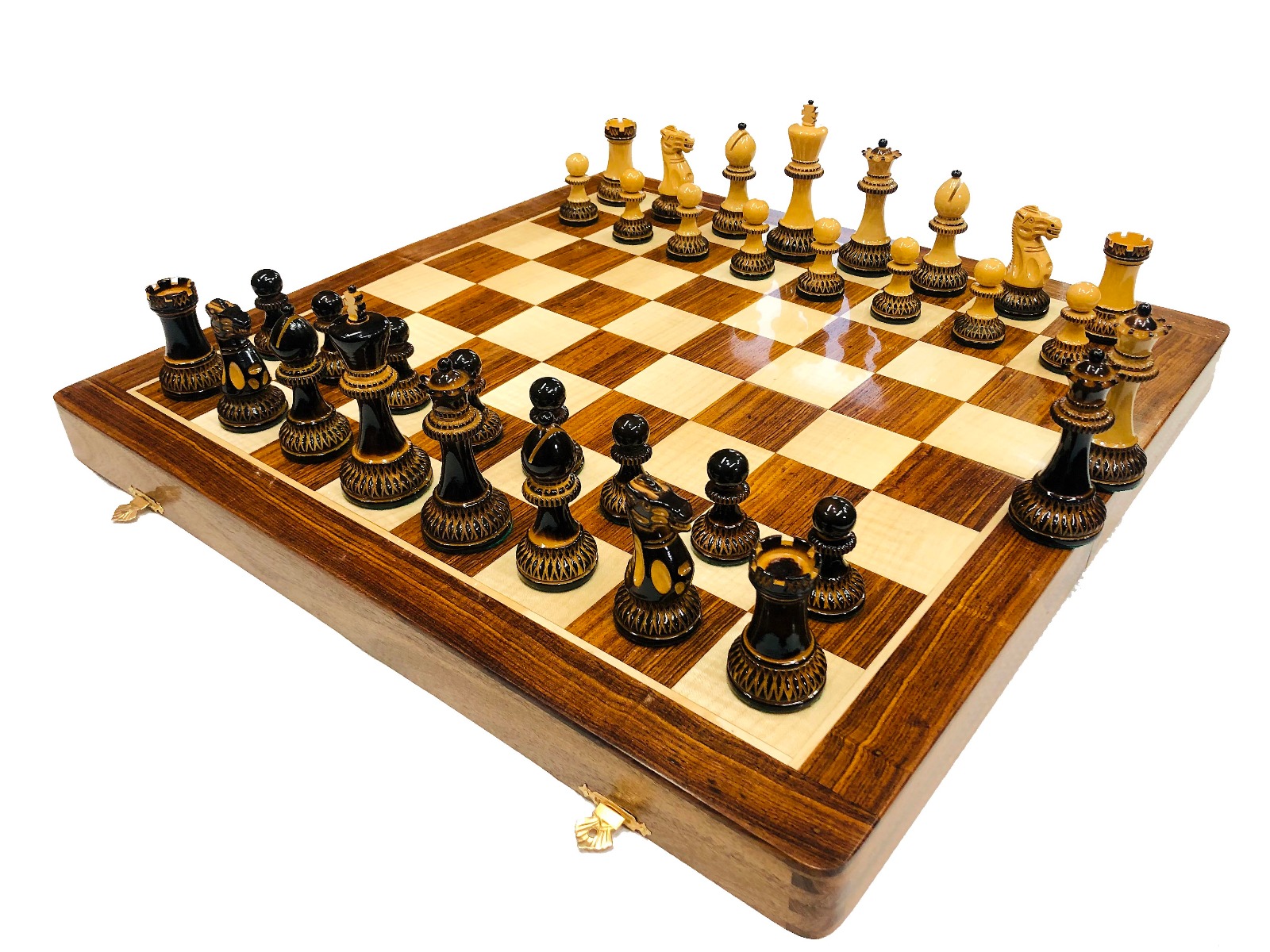 The Parker Burnt Series Chess Set Boxwood Burnt Pieces 3.75" King with 1.75" Square Folding Chess Board-1815