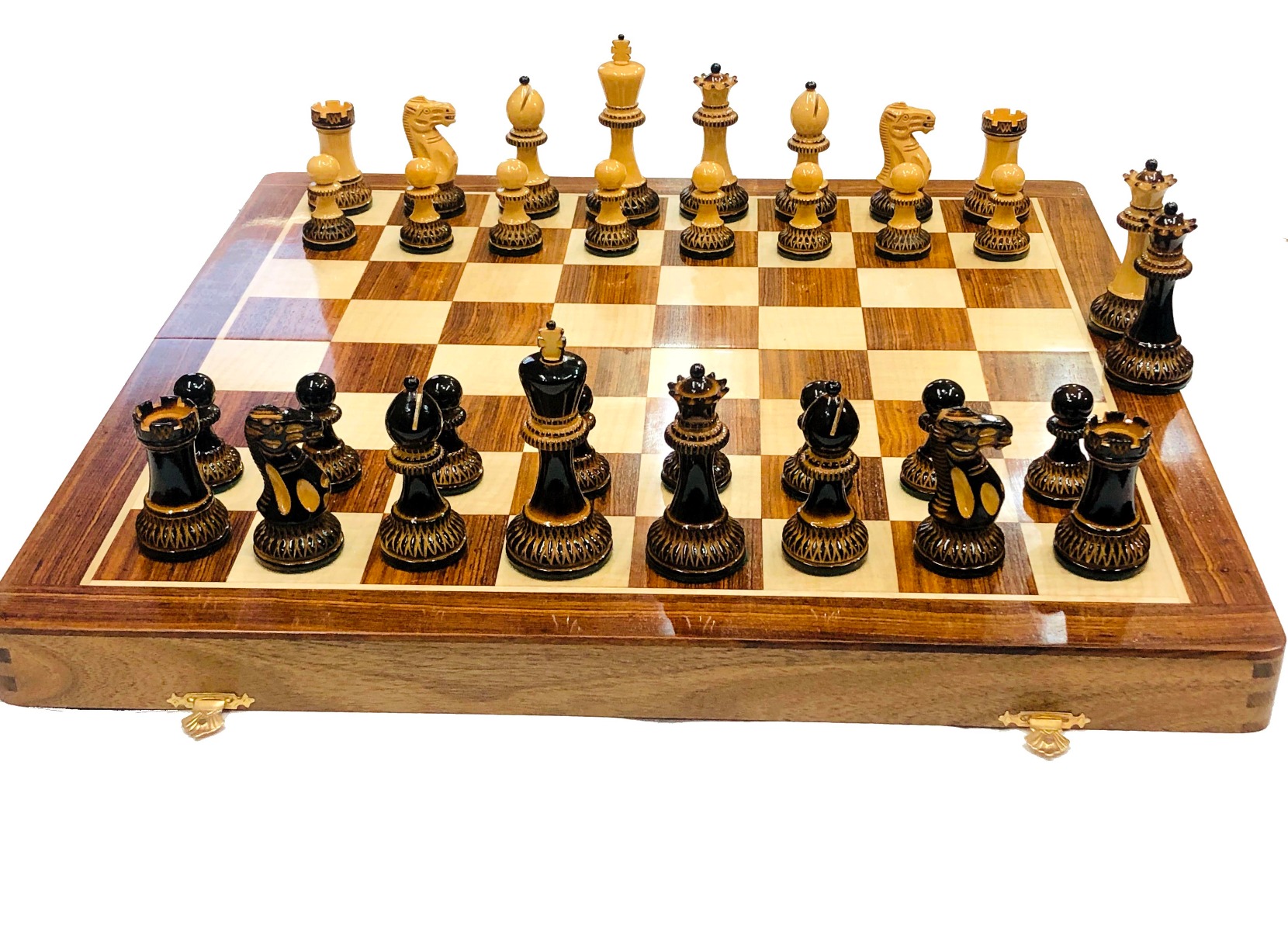 The Parker Burnt Series Chess Set Boxwood Burnt Pieces 3.75" King with 1.75" Square Folding Chess Board-1809