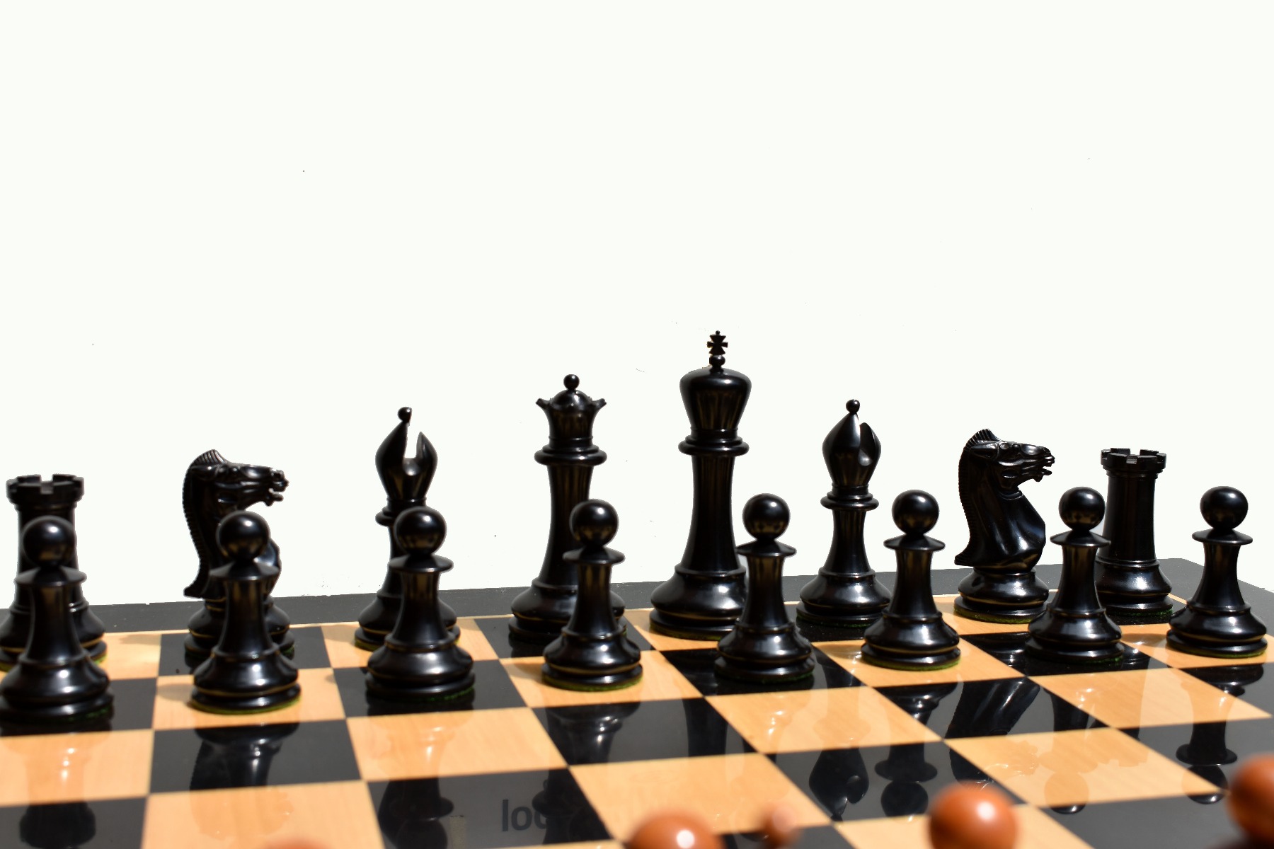 Jaques Staunton 1849 Series Chess Pieces <br> Antiqued Boxwood & Ebony <br> 4.4" King-2185 Jaques Staunton 1849 Series Chess Pieces Antiqued Boxwood & Ebony 4.4" King-2185