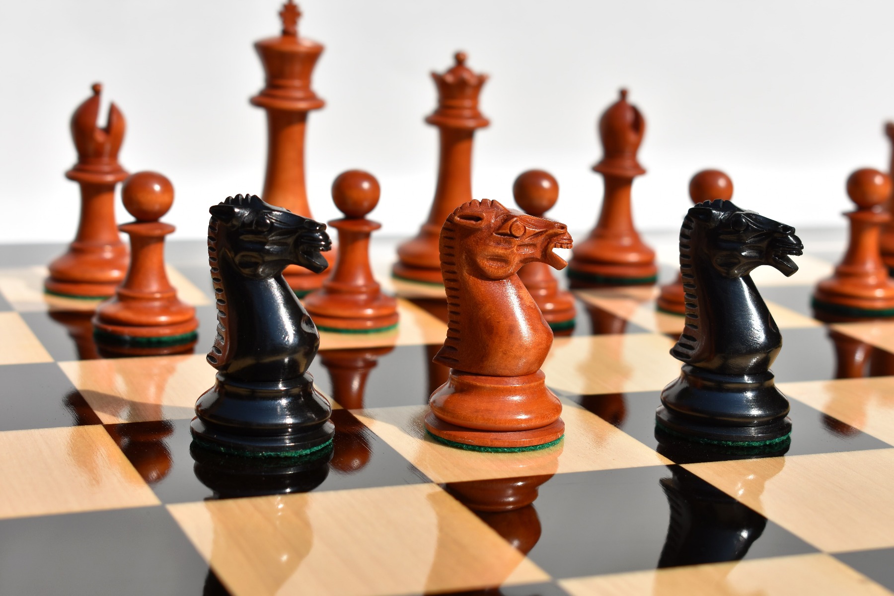 Circa 1855 Anderssen Drop Jaw Series Chess Pieces <br> Antiqued Boxwood & Ebony <br> 3.5" King-2174 Circa 1855 Anderssen Drop Jaw Series Chess Pieces Antiqued Boxwood & Ebony 3.5" King-2174