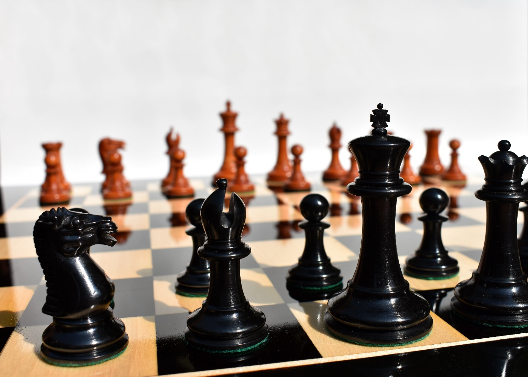 Circa 1855 Anderssen Drop Jaw Series Chess Pieces <br> Antiqued Boxwood & Ebony <br> 3.5" King-2175 Circa 1855 Anderssen Drop Jaw Series Chess Pieces Antiqued Boxwood & Ebony 3.5" King-2175