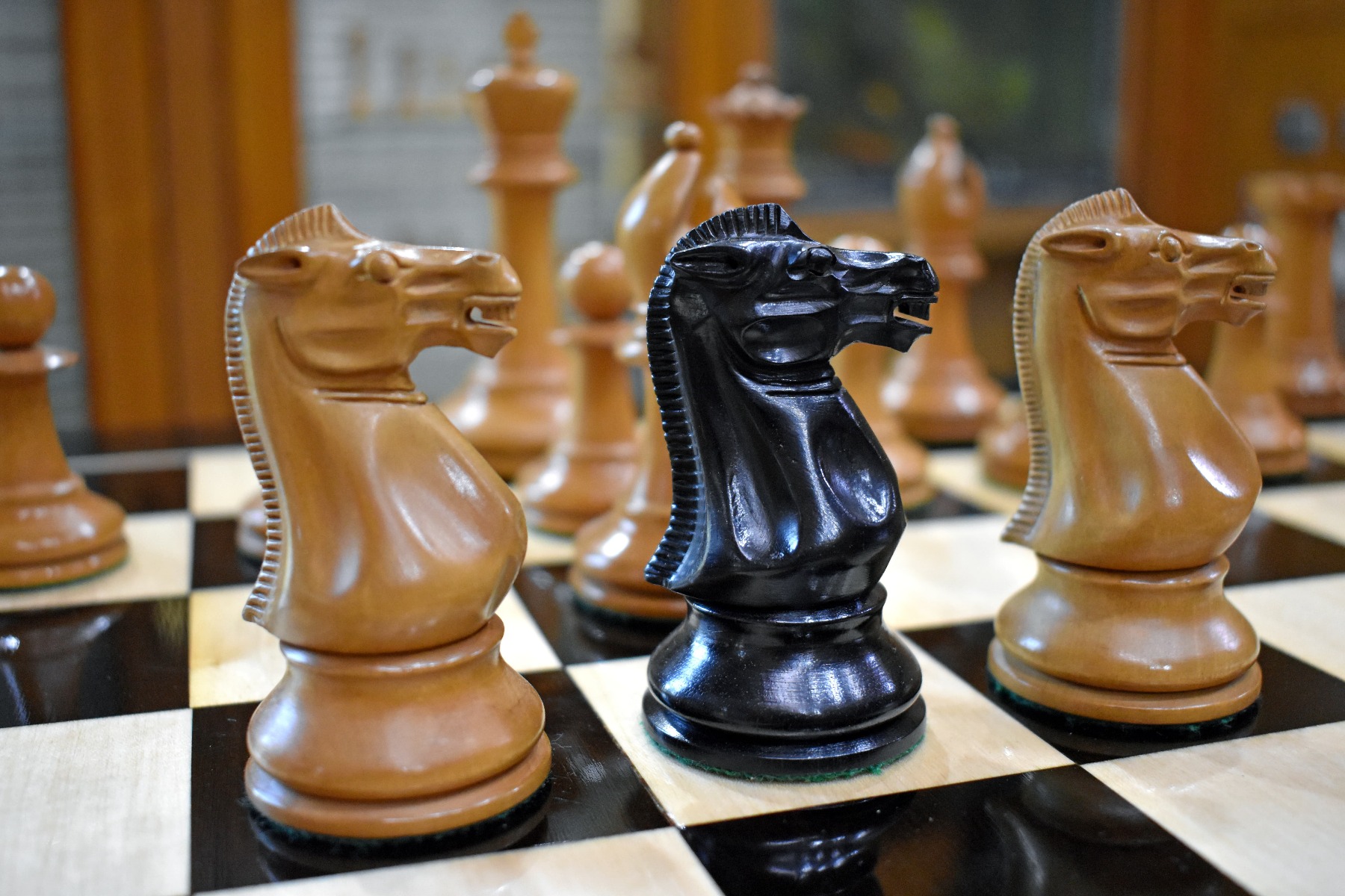 1855-1860 Anderssen Jaques Chess Pieces <br> Antiqued Boxwood & Ebony <br> 4.4" King-2051 1855-1860 Anderssen Jaques Chess Pieces Antiqued Boxwood & Ebony 4.4" King-2051