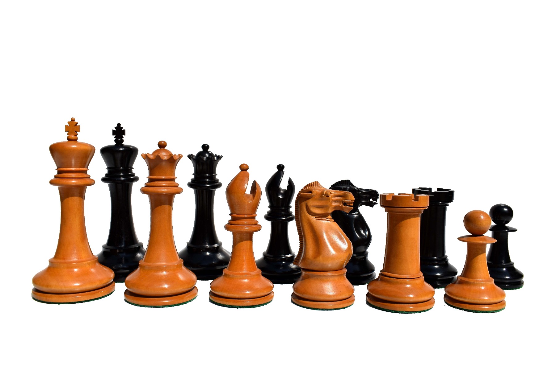1855-1860 Anderssen Jaques Chess Pieces <br> Antiqued Boxwood & Ebony <br> 4.4" King-0 1855-1860 Anderssen Jaques Chess Pieces Antiqued Boxwood & Ebony 4.4" King-0