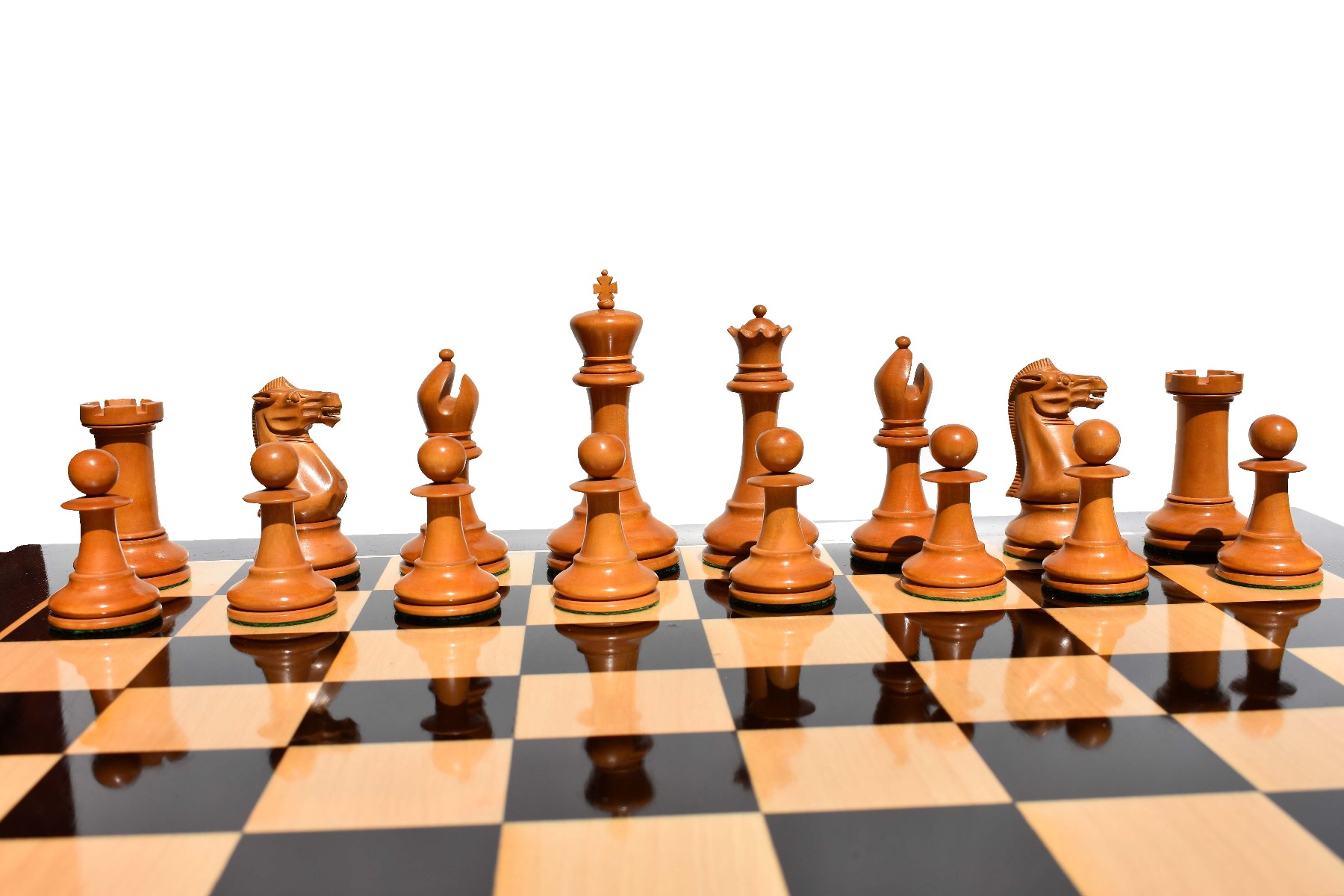 1855-1860 Anderssen Jaques Chess Pieces <br> Antiqued Boxwood & Ebony <br> 4.4" King-2044 1855-1860 Anderssen Jaques Chess Pieces Antiqued Boxwood & Ebony 4.4" King-2044