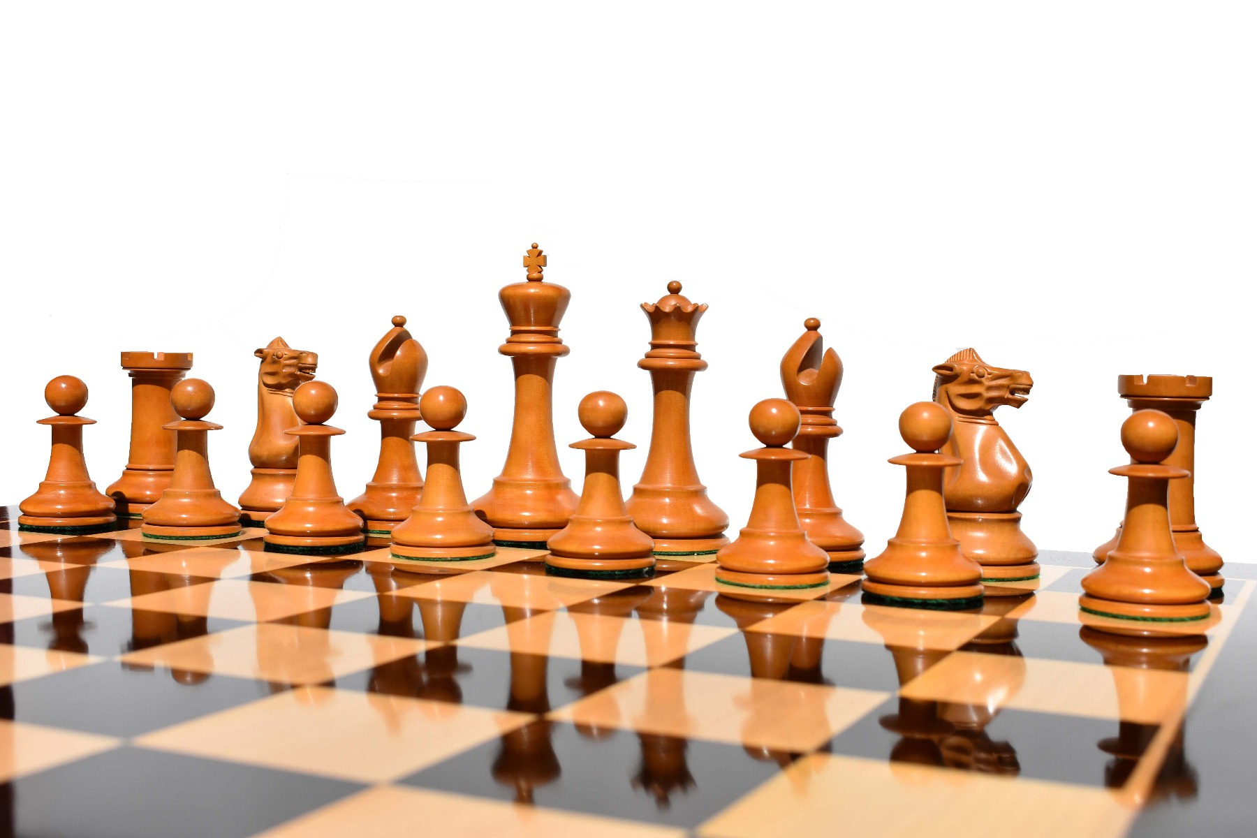 1855-1860 Anderssen Jaques Chess Pieces <br> Antiqued Boxwood & Ebony <br> 4.4" King-2045 1855-1860 Anderssen Jaques Chess Pieces Antiqued Boxwood & Ebony 4.4" King-2045