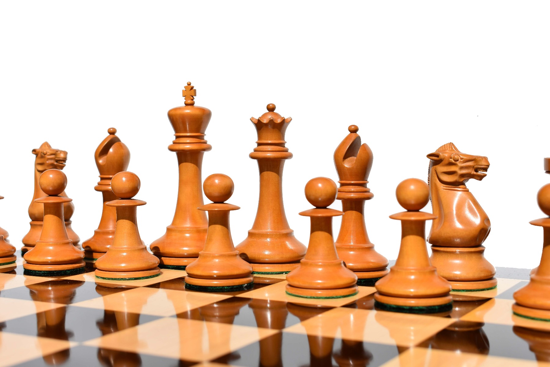 1855-1860 Anderssen Jaques Chess Pieces <br> Antiqued Boxwood & Ebony <br> 4.4" King-2046 1855-1860 Anderssen Jaques Chess Pieces Antiqued Boxwood & Ebony 4.4" King-2046