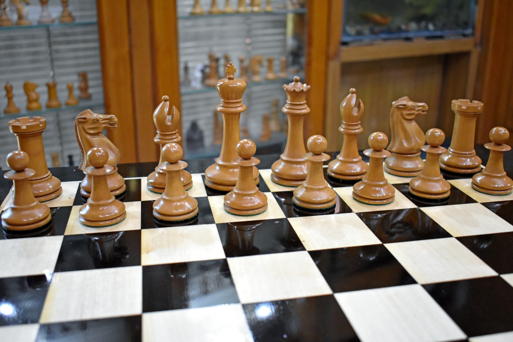 1855-1860 Anderssen Jaques Chess Pieces <br> Antiqued Boxwood & Ebony <br> 4.4" King-2049 1855-1860 Anderssen Jaques Chess Pieces Antiqued Boxwood & Ebony 4.4" King-2049