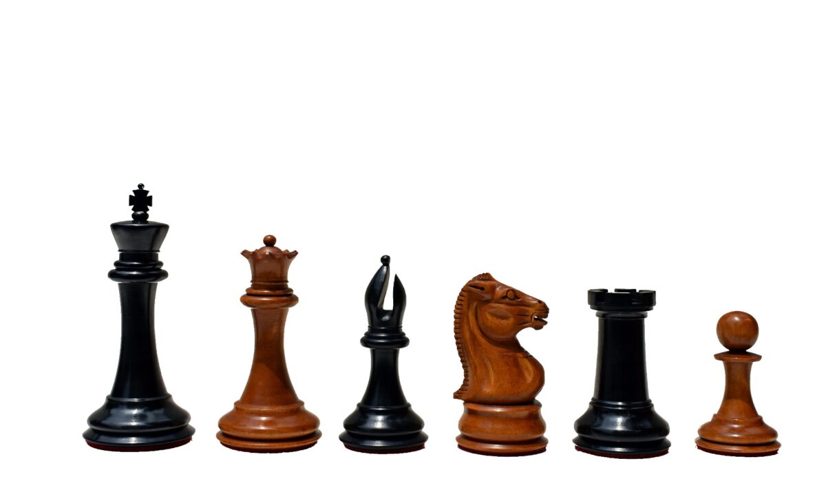Jaques Morphy Style 1849 Cook Type Knight Chess Pieces Antiqued Boxwood & Ebony 4" KIng-2112