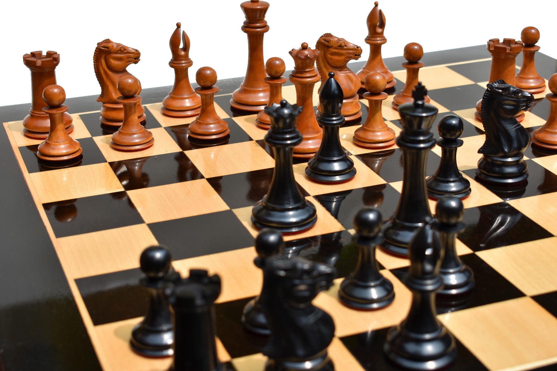 Jaques Morphy Style 1849 Cook Type Knight Chess Pieces <br> Antiqued Boxwood & Ebony <br> 4" KIng-2122 Jaques Morphy Style 1849 Cook Type Knight Chess Pieces Antiqued Boxwood & Ebony 4" KIng-2122