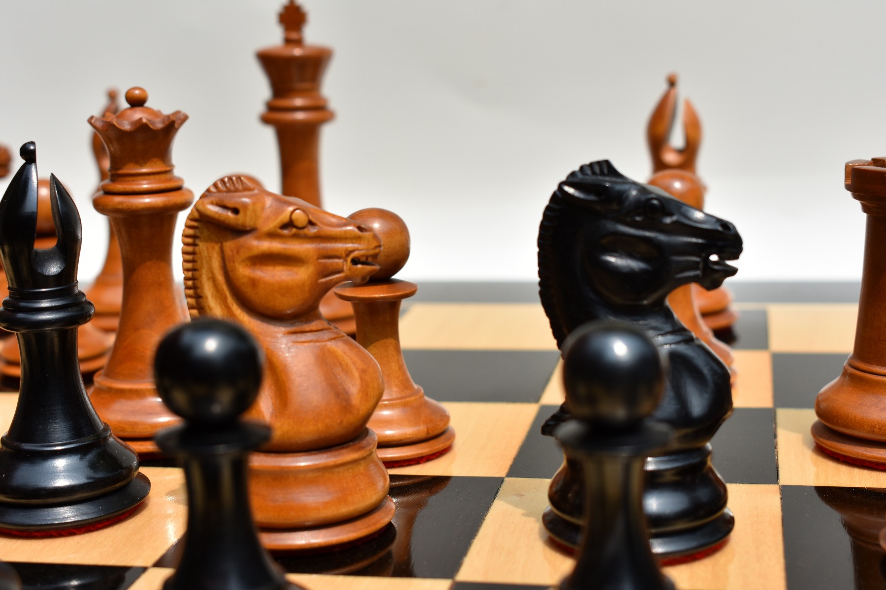 Jaques Morphy Style 1849 Cook Type Knight Chess Pieces <br> Antiqued Boxwood & Ebony <br> 4" KIng-2124 Jaques Morphy Style 1849 Cook Type Knight Chess Pieces Antiqued Boxwood & Ebony 4" KIng-2124