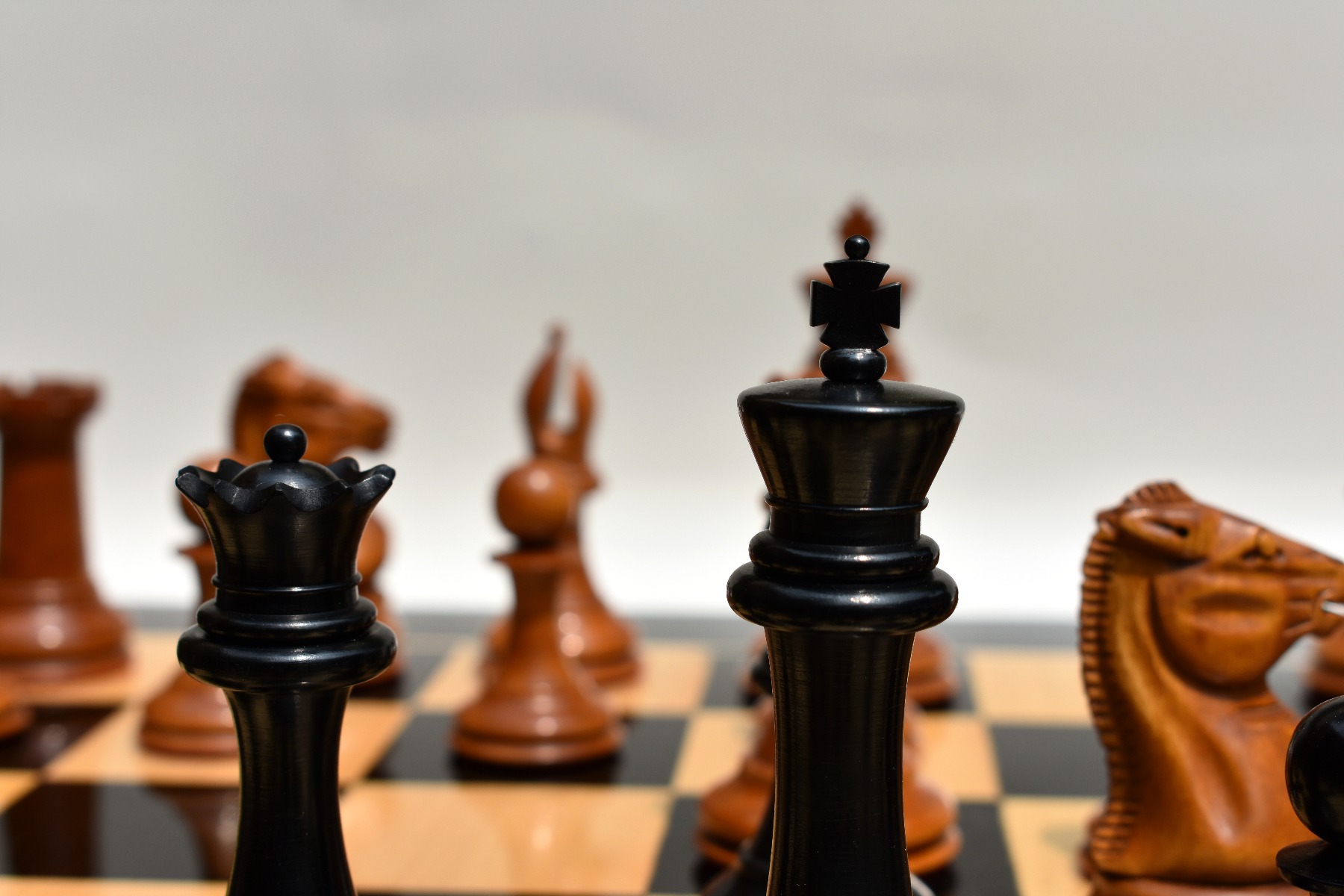 Jaques Morphy Style 1849 Cook Type Knight Chess Pieces <br> Antiqued Boxwood & Ebony <br> 4" KIng-2125 Jaques Morphy Style 1849 Cook Type Knight Chess Pieces Antiqued Boxwood & Ebony 4" KIng-2125