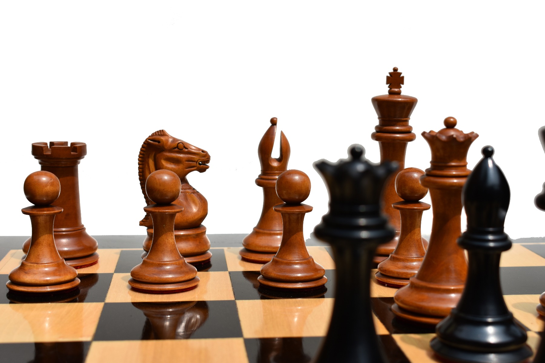 Jaques Morphy Style 1849 Cook Type Knight Chess Pieces <br> Antiqued Boxwood & Ebony <br> 4" KIng-2126 Jaques Morphy Style 1849 Cook Type Knight Chess Pieces Antiqued Boxwood & Ebony 4" KIng-2126