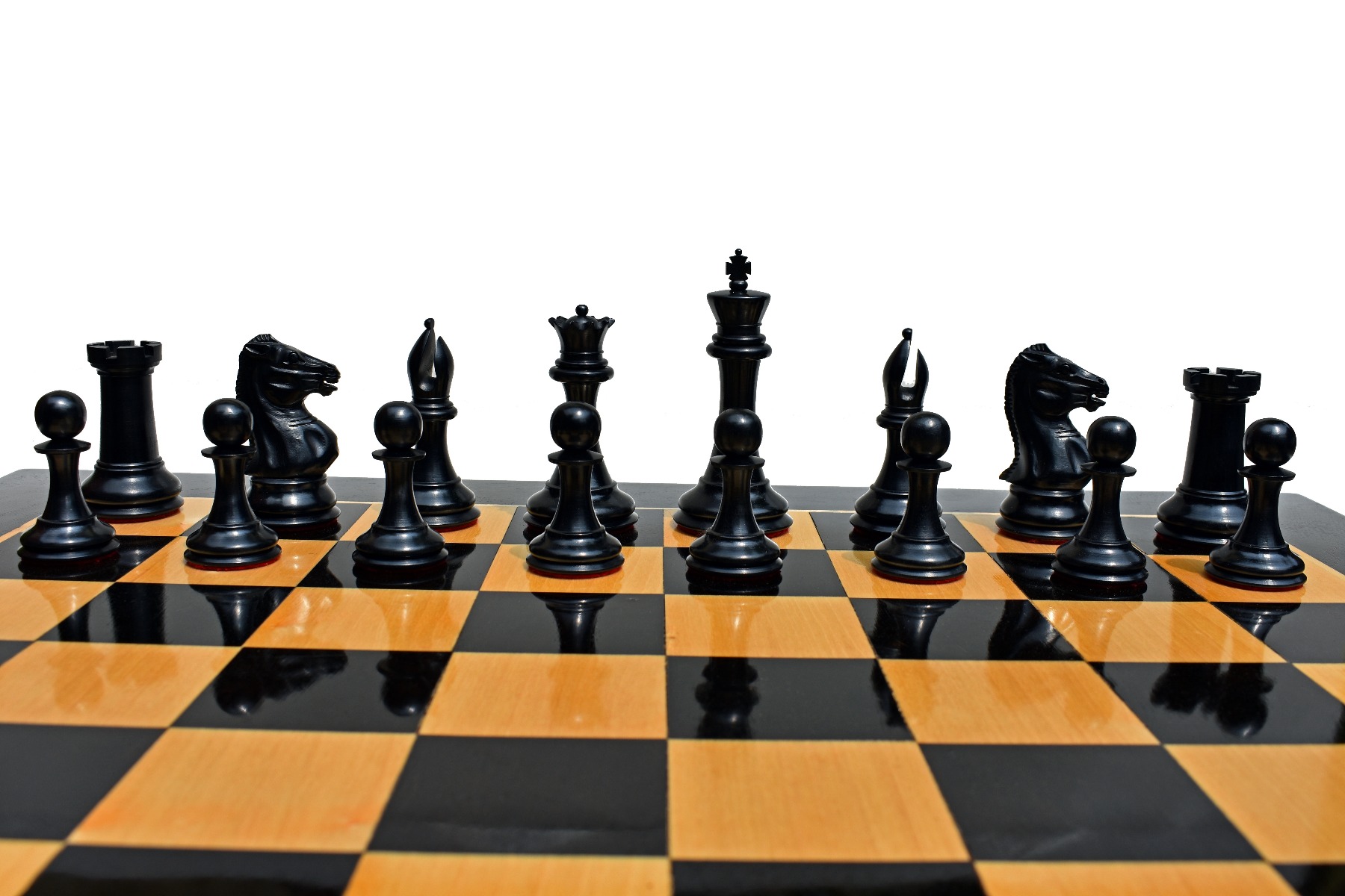 Jaques Morphy Style 1849 Cook Type Knight Chess Pieces <br> Antiqued Boxwood & Ebony <br> 4" KIng-2119 Jaques Morphy Style 1849 Cook Type Knight Chess Pieces Antiqued Boxwood & Ebony 4" KIng-2119